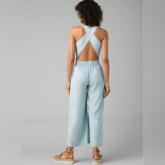 Prana Bahia Denim Cross Back Wide Leg Overall Jumpsuit size extra Small Pockets - Picture 3 of 10